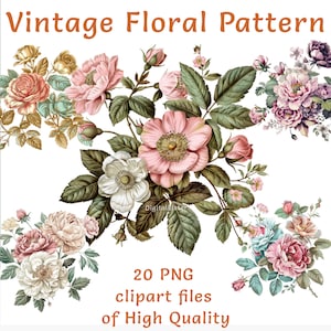 Colección de imágenes prediseñadas florales vintage: 20 archivos PNG de acuarela para uso comercial, exquisitas flores de acuarela, perfectas para creaciones únicas.