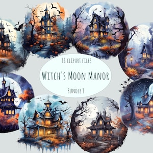 Halloween Clipart | 16 PNG | Watercolor witch house clipart | Commercial use pumpkin stickers | Sublimation print digital download bundle
