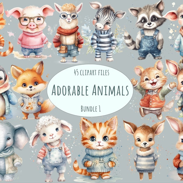 Watercolor animals clipart, 45 high quality PNG, baby animal stickers, nursery clipart commercial use newborn clip art room decor printables