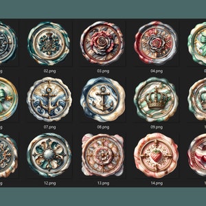 Watercolor wax seal stamp clipart featuring 15 high-resolution PNG & JPEG files of vintage royal crests, floral seals, nautical designs, and decorative emblems. Perfect for wedding invitations, stationery, branding, and historical-themed printables.