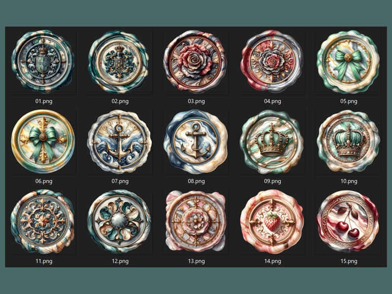 Watercolor wax seal stamp clipart featuring 15 high-resolution PNG & JPEG files of vintage royal crests, floral seals, nautical designs, and decorative emblems. Perfect for wedding invitations, stationery, branding, and historical-themed printables.