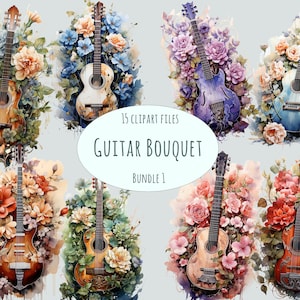 Aquarel gitaar clipart-15 png-bestanden met bloemen, levendige muziekinstrumenten met bloemmotieven voor commercieel gebruik en decor met muziekthema