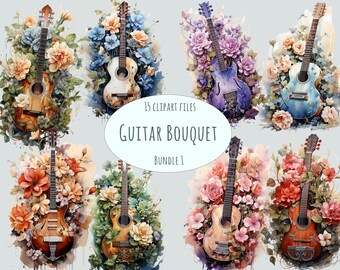 Floral Guitar clipart bundle, Watercolor music stickers, Commercial use instrument stickers bundle Sublimation print flowers transparent png