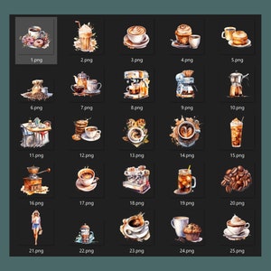 A collection of 25 coffee-themed clipart PNGs featuring barista elements, espresso machines, latte art, coffee beans, and iced coffee. High-quality digital download for sublimation and design projects.