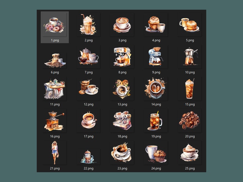 A collection of 25 coffee-themed clipart PNGs featuring barista elements, espresso machines, latte art, coffee beans, and iced coffee. High-quality digital download for sublimation and design projects.