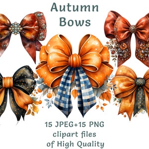Clipart ślubny | 15 PNG + JPEG | Clipart akwarelowy Halloween | Komercyjne zastosowanie Jesienna dekoracja panny młodej | Zestaw cyfrowy kokardki z nadrukiem sublimacyjnym