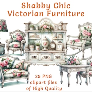 Clipart de meubles : 25 fichiers PNG aquarelle vintage shabby chic à usage commercial, collection d'art numérique décoration maison ancienne et rustique