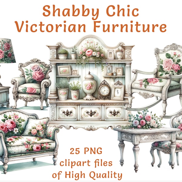 Shabby Chic Furniture Clipart: 25 archivos PNG de acuarela vintage para uso comercial, colección de arte digital de decoración del hogar antiguo y rústico