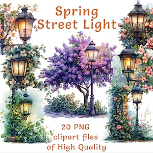 Farol de calle de primavera Clipart - 20 PNG de acuarela festivos, ideales para uso comercial y manualidades personalizadas, poste de luz en flor