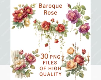 May include: Watercolor illustrations of Baroque roses in various arrangements. The image features red, pink, and yellow roses with green leaves. Text reads "Baroque Rose" and "30 PNG FILES OF HIGH QUALITY".