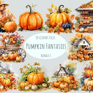 May include: Watercolor digital art bundle featuring pumpkins, autumn leaves, and fall scenes. The text reads "20 Clipart Files PUMPKIN FANTASIES BUNDLE 1". The images include pumpkins, a woman, a wagon, a truck, and houses.