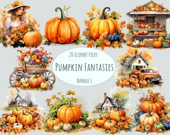 Clipart de citrouille aquarelle, 20 PNG de haute qualité, clip art cottagecore, autocollants d’automne, art mural de citrouille, imprimables clipart d’Halloween