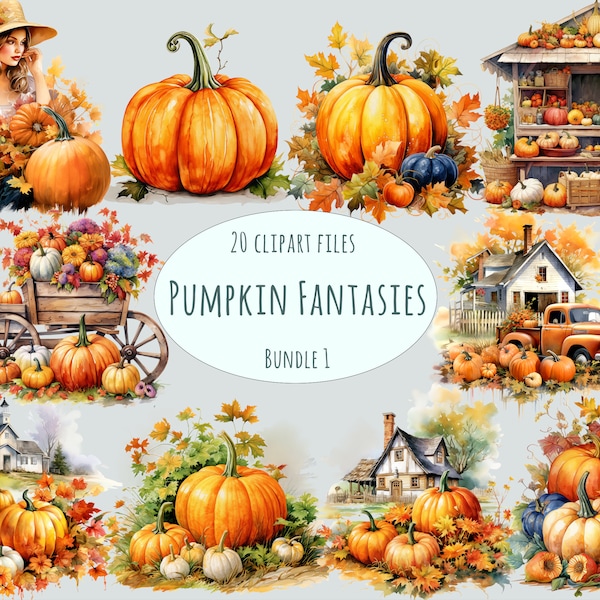 Watercolor Pumpkin clipart, 20 high quality PNG, cottagecore clip art, fall stickers, Pumpkin wall art, Halloween clipart printables