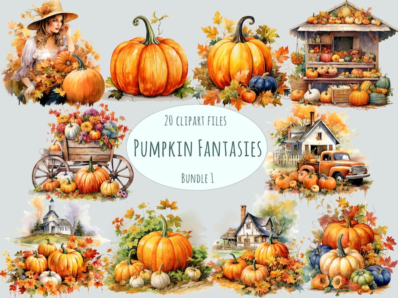 May include: Watercolor digital art bundle featuring pumpkins, autumn leaves, and fall scenes. The text reads "20 Clipart Files PUMPKIN FANTASIES BUNDLE 1". The images include pumpkins, a woman, a wagon, a truck, and houses.