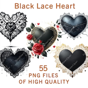 Gothic Herz Clipart | 55 PNG schwarze Spitze, rote Rosenkunst | Dark Romance Sublimationsaufkleber, Hochzeitsaufkleber, Valentinstagsdekor- und Bastelaufkleber