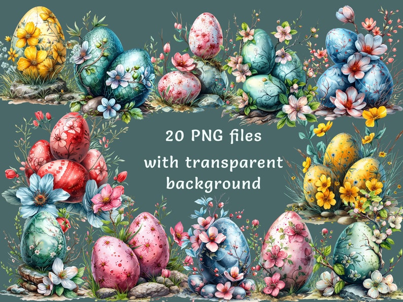 Easter Eggs Clipart Bundle, Watercolor Floral Painted Eggs, Vintage ...