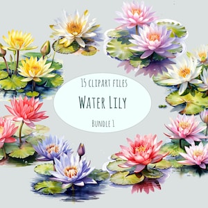 Lelie-clipart | 15 png-bestanden | Aquarel spa-stickers | Wellness-printables voor commercieel gebruik | Digitale bundel waterlelie | Bloemen clipart