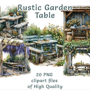 Table Clipart | 20 PNG | Watercolor garden clipart | Commercial use outdoor furniture digital sublimation print bundle | Cottagecore clipart