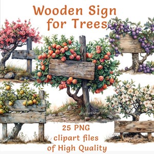 May include: A set of 25 digital clipart files of wooden signs for trees. The signs are made of weathered wood and have a rustic look. The clipart includes various trees with different types of fruit and flowers, including apple, peach, plum, and cherry trees.