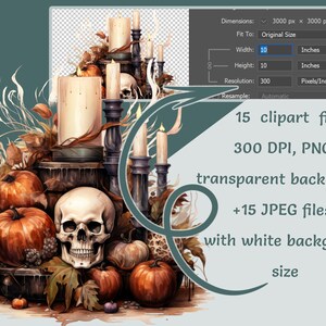 Gothic Kerzen Halloween Clipart, 15 PNG und JPEG Aufkleber, Aquarell Digital Art Spooky Sammlung Printables Ideal für den kommerziellen Gebrauch