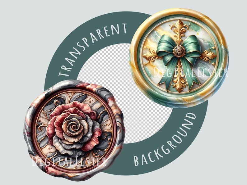 Watercolor wax seal stamp clipart featuring 15 high-resolution PNG & JPEG files of vintage royal crests, floral seals, nautical designs, and decorative emblems. Perfect for wedding invitations, stationery, branding, and historical-themed printables.