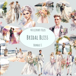 Hochzeit Tag Clipart Sammlung - 40 Aquarell PNG, elegante Braut & Zeremonie digitale Kunst für kommerzielle Nutzung, Bräutigam sofortiger Download