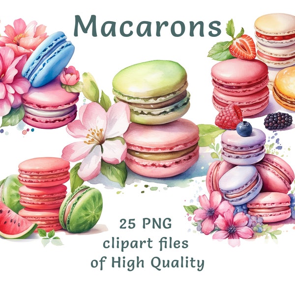 Collection de cliparts Français macarons - autocollants aquarelle nourriture, 25 fichiers PNG, idéal pour un usage commercial, conceptions numériques de pâtisserie et de boulangerie