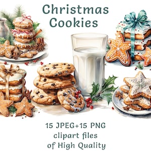 Biscuits de pain d'épice Clipart | Clipart de lait | 15 PNG et JPEG | Clipart pâtisserie à l'aquarelle | Impression par sublimation de nourriture festive à usage commercial