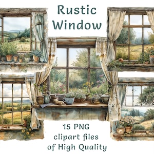 以下が含まれることがあります： 田舎の風景を望む、カーテンのある素朴な窓のウォーターカラーイラストが5つ。窓は木枠で、風化したような外観。カーテンは白と青の組み合わせで、風景にはなだらかな丘、木々、小麦畑などが描かれている。