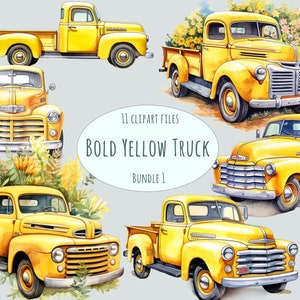 Imágenes prediseñadas de camioneta americana amarilla, 11 ilustraciones de camionetas vintage en acuarela en PNG, gráficos de vida agrícola clásica, imprimibles para uso comercial