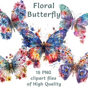Schmetterling Clipart | 15 PNG-Dateien | Aquarell Blumen Clipart | Gewerbliche Nutzung Blumen Dekor | Sublimationsdruck |  Digitales Bundle