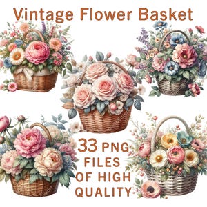 Clipart panier | Clipart fleur | 33 fichiers PNG | Décor floral aquarelle | Stickers printemps | Utilisation commerciale | Panier de Pâques | Panier tressé