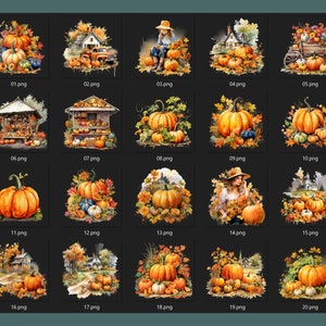 May include: A collection of 20 watercolor illustrations featuring pumpkins, gourds, and autumn foliage. Each image showcases a different arrangement, including pumpkins with leaves, farm scenes, and market displays. The color palette is dominated by orange, yellow, and brown.