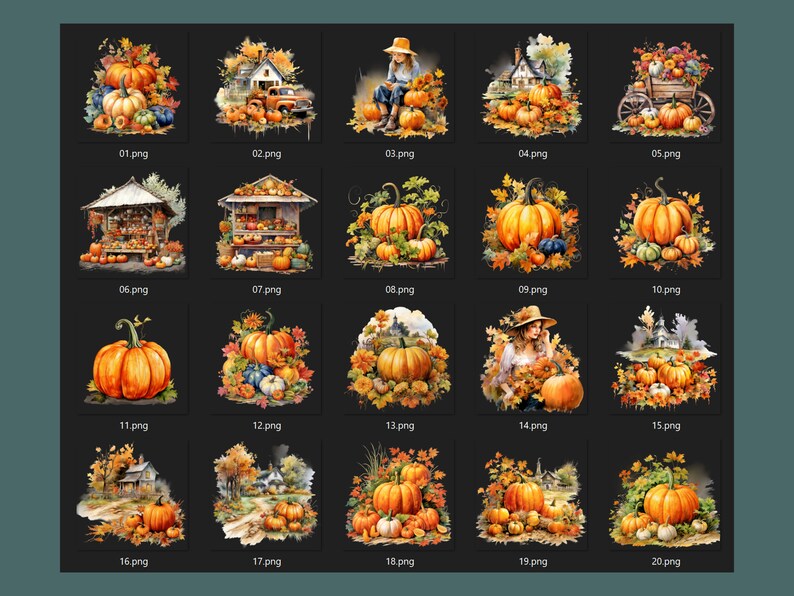 May include: A collection of 20 watercolor illustrations featuring pumpkins, gourds, and autumn foliage. Each image showcases a different arrangement, including pumpkins with leaves, farm scenes, and market displays. The color palette is dominated by orange, yellow, and brown.