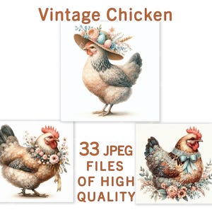 Chicken Clipart | 33 JPEG | Watercolor Farm Clipart | Commercial use sublimation print digital farmhouse hen stickers bundle | Farmhouse Art