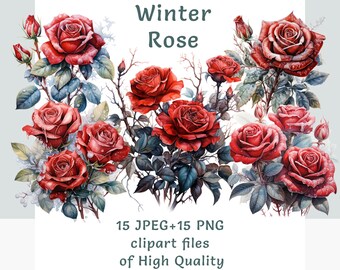Roses Clipart | 15 PNG + JPEG | Watercolor floral clipart | Commercial use red roses love stickers | Sublimation print digital wedding art