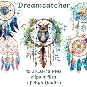 Clipart Dreamcatcher | 15 PNG+JPEG | Zestaw akwarelowych Dreamcatcher | Komercyjne użycie boho stylu sublimacji nadruku naklejki cyfrowe