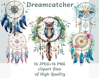 Dreamcatcher clipart bundle, Watercolor sleep guard stickers, Commercial use boho style set, Sublimation print transparent png feathers art