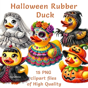 ハロウィーンをテーマにしたゴム製のアヒルのクリップアートコレクション、15 種類の PNG 水彩デザイン、スクラップブック、招待状、DIY プロジェクト、商用利用に最適