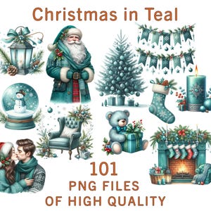 Kerstclipart | 101 png-bestand | Digitale bundel aquarel blauwgroen | Feestelijk decor voor commercieel gebruik | Sublimatieprintelementen | Winterpakket