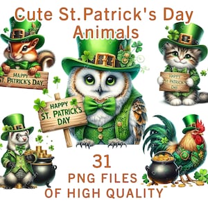 St Patricks Clipart | 31 PNG St Patricks Day Tiere | Niedliche Irische Eule, Katze, Eichhörnchen mit Koboldhüten Goldmünzen | Sublimationsaufkleber