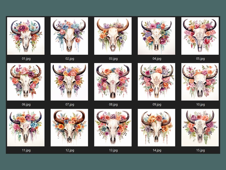 Boho Floral Cow Skull Clipart, 15 PNG and JPEG, Watercolor Boho Cow ...
