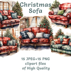 Puede incluir: Cuatro ilustraciones de acuarela de sofás navideños de cuadros rojos y verdes con almohadas. Los sofás están decorados con tela a cuadros y tienen un diseño tradicional. El texto "Christmas Sofa" está escrito en verde en la parte superior de la imagen.