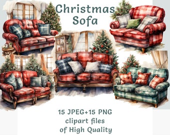 Watercolor Christmas sofa clipart 15 high quality PNG and JPEG Red sofa decoration christmas tree printable wall art cozy nook stickers