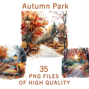 Conjunto de imágenes prediseñadas de parque otoñal, archivos PNG de acuarela, gráficos de caminos otoñales, uso comercial, imágenes prediseñadas escénicas de otoño, 35 pegatinas digitales con temática de la naturaleza