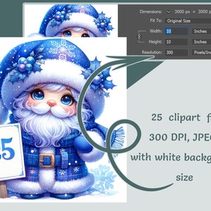 May include: A whimsical illustration of a Santa Claus figure in shades of blue, holding a sign with the number 25. The image is 10 inches wide and 10 inches high, with a resolution of 300 pixels per inch. The image includes 25 clipart files.