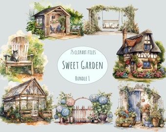 May include: Watercolor illustrations of garden scenes, including a wooden shed, a swing set, a cottage, a greenhouse, and a garden gate. A cat sits on a wooden chair. The text reads "75 Clipart Files Sweet Garden Bundle 1."