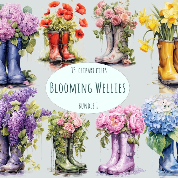 Rubber boots clipart, 15 high quality PNG Watercolor rubber wellington boots, floral stickers and printables for commercial use, schoes art