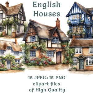 Clipart de casa de campo inglesa: casas britânicas em aquarela - 15 PNG e JPEG, arte digital rústica para o campo, arte de parede para impressão comercial no Reino Unido