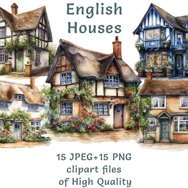 English Cottage Clipart: Watercolor British Houses - 15 PNG & JPEG, Rustic Countryside Digital Art, Commercial Use UK Printable wall art